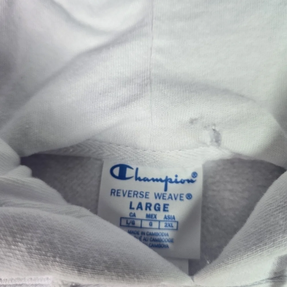 Champion Reverse Weave Men's Lg Hoodie Pullover Arch Spell-Out Logo White
